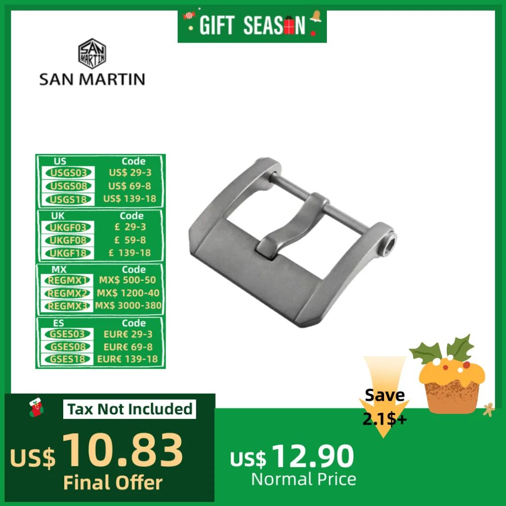 San Martin Watch Band Pin Buckle Titanium 20mm Watchband Strap Clasp Silver Spray Sand Brushed Watch Accessories