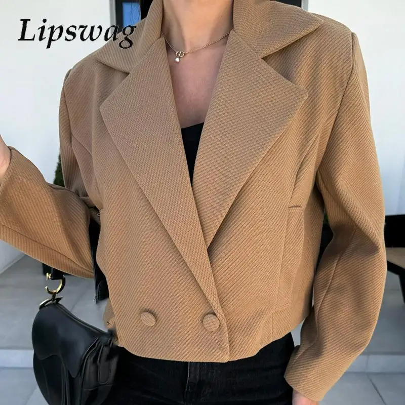 

2024 Winter Casual Woolen Coat Ladies Temperament Long Sleeve Solid Cropped Jackets Women Turn-down Collar Button Office Coats