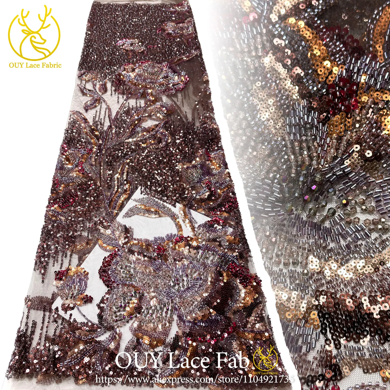 

2026 Luxury Groom Embroidered Beaded Lace Fabric Latest Nigerian African Sequins Lace Fabric Party Wedding Dress Custom Sewing