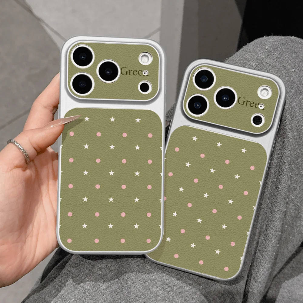 Forest Green Leather Phone Case For iPhone 18 Pro Max Case iPhone 17 16 15 14 13 12 11 Pro Max Stars Polka Dots Shockproof Cover - view 2