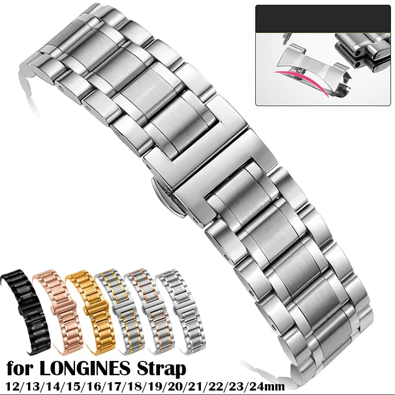 Stainless Steel Watch Strap Metal Wristband12 13 14 15 16 17 18 19 20 21 22 23 24mm Curved End Bracelet for LONGINES Master Band