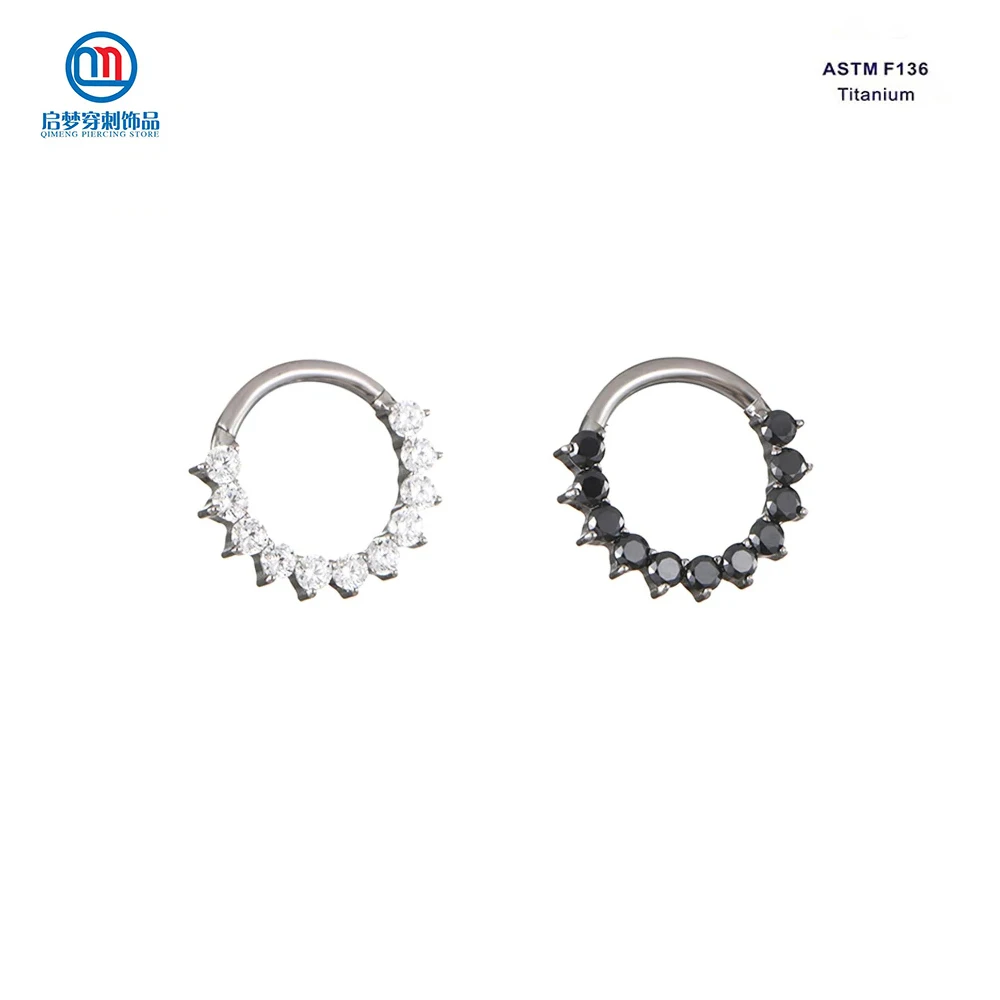 QM ASTM F136 Titanium Clear and Black Zircon Hinged Septum Clicker Nose Piercing Earring Body Jewelry