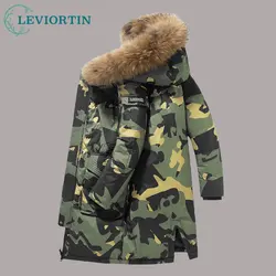 Chaquetas largas con capucha para hombre, Parkas gruesas y cálidas, abrigos con Cuello de piel, cortavientos de camuflaje, chaqueta de plumón de pato blanco, moda de invierno