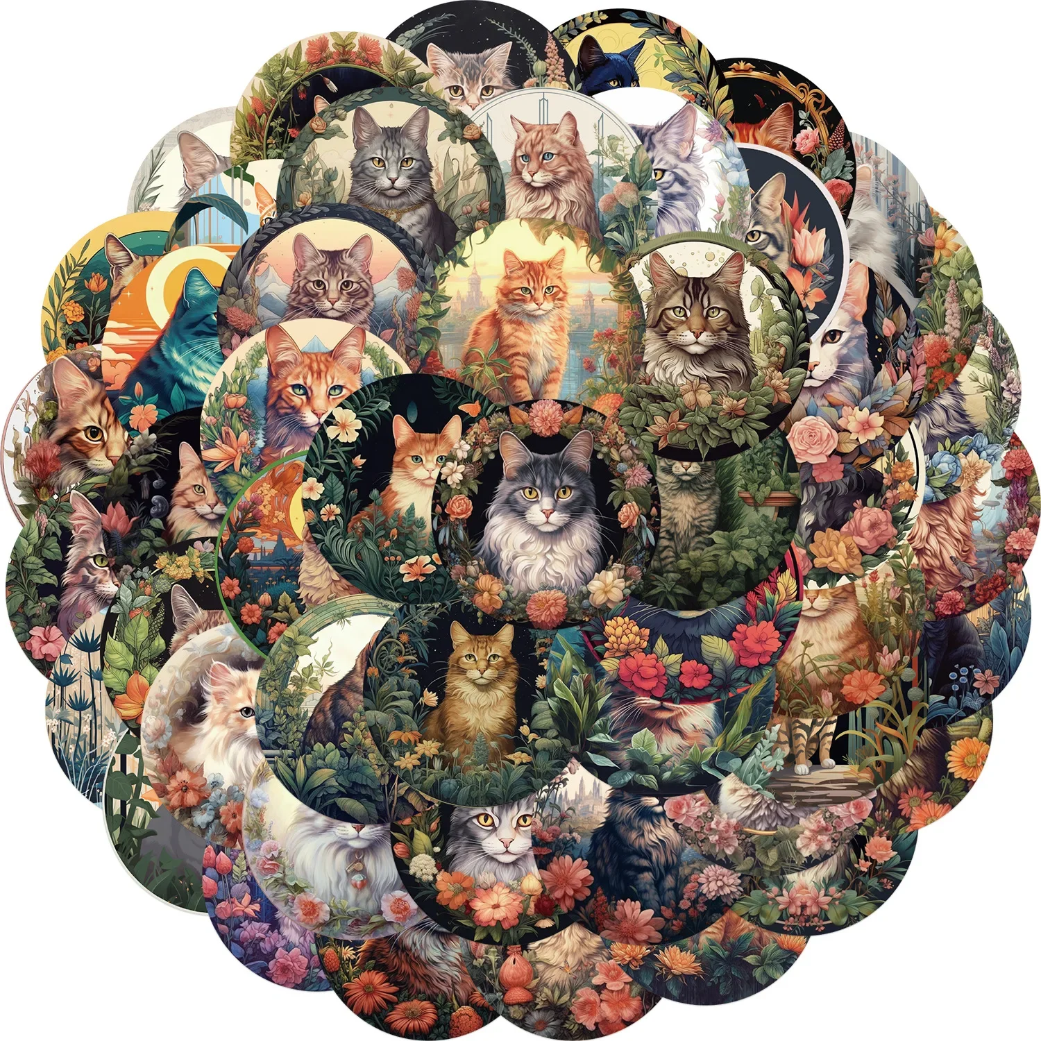 

10/30/50Pcs Floral Cat Waterproof Graffiti Sticker Aesthetic Decorative Luggage Cup Laptop Phone Skateboard Guitar Kids Stickers