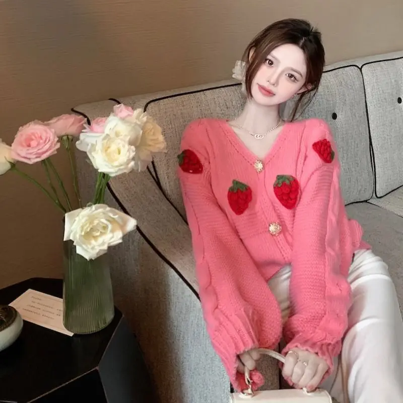 

Милый вязаный кардиган с v-образным вырезом, женский осенне-зимний модный однотонный свитер с вышивкой, пальто, универсальный трендовый трикотаж, топы