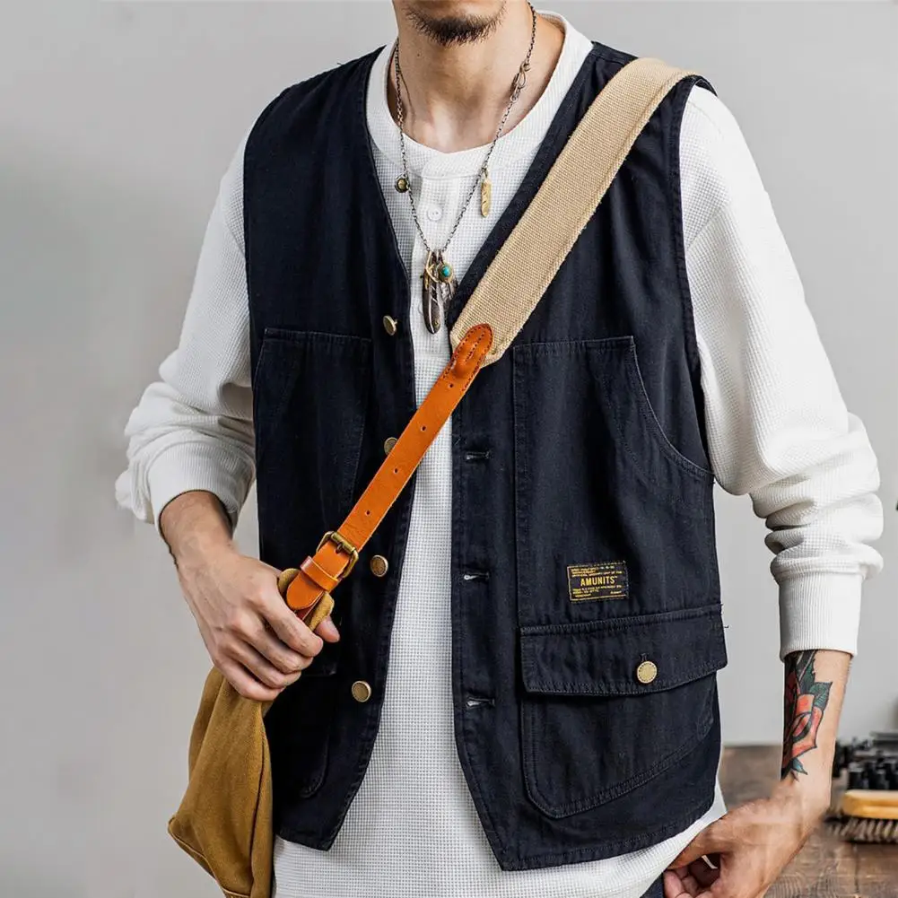 men cargo Waistcoat Vintage American style V Neck Pockets Single Breasted Vest All Match Sporty Pure Color Straight Casual Vest