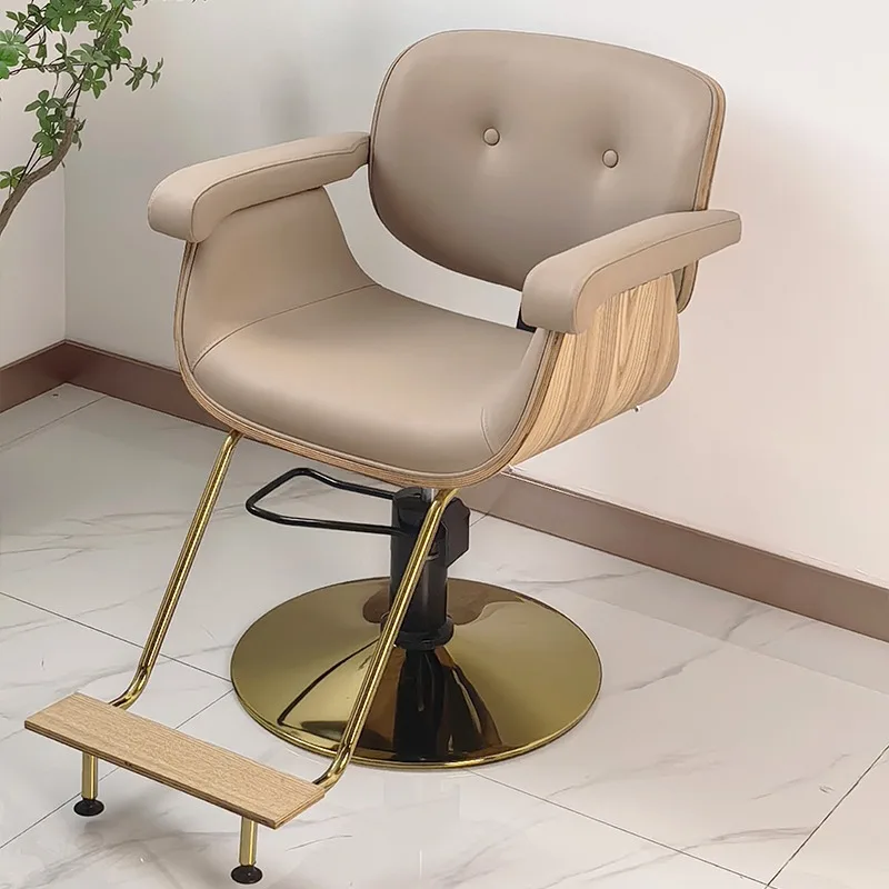 Fashional Designed Wooden Frame Round-bottomed Barber Swivel Chair Light Colour Barber Hairdressing Chairs