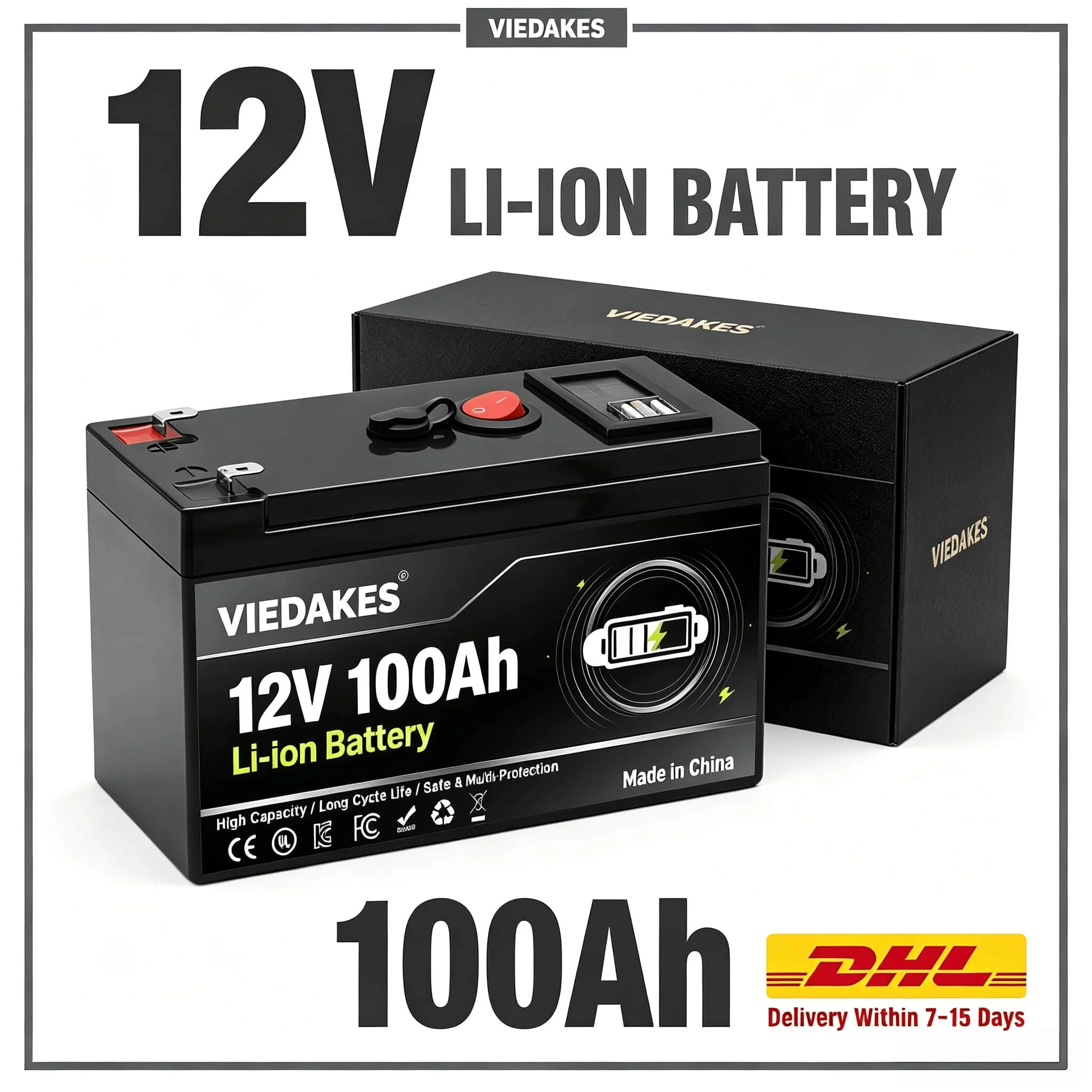  LiFePO4 12V Battery 3S7P VIEDAKES 60Ah 80Ah 100Ah Voltage Indicator For Outdoor Camping Equipment