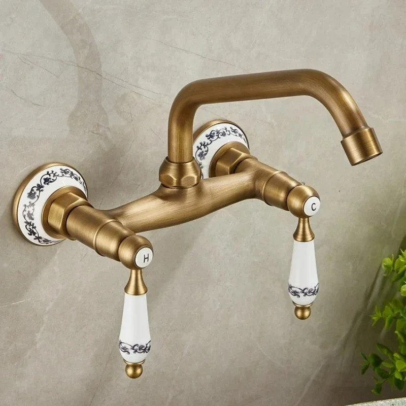 Brass Antique Wall Mounted Washbasin Faucets Double Handle Double Hole Rotatable Wall Mounted Retro Hot and Cold Faucet