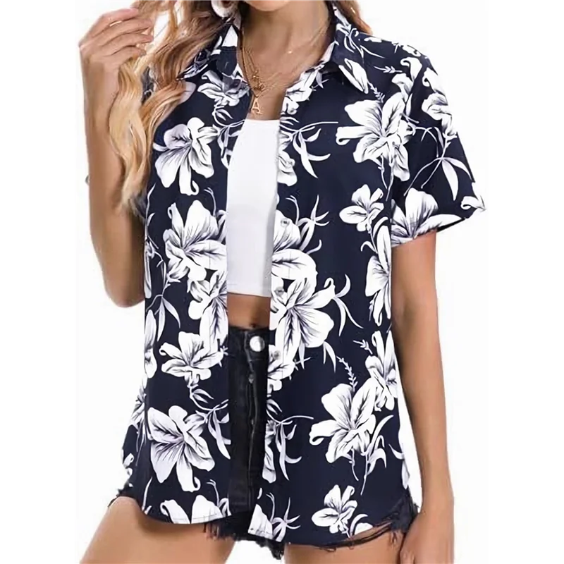 

Женская тропическая рубашка, летние пляжные Гавайские блузки на пуговицах с короткими рукавами, топы с цветочным принтом-A55G