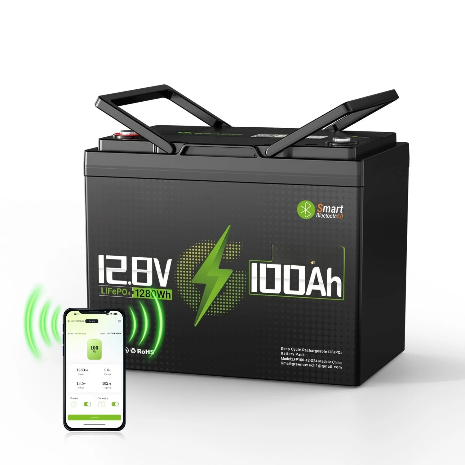 12V100Ah Bluetooth LiFePO4 Battery,15000 Deep Cycles Rechargeable Lithium Battery Prefect for Solar, Customized