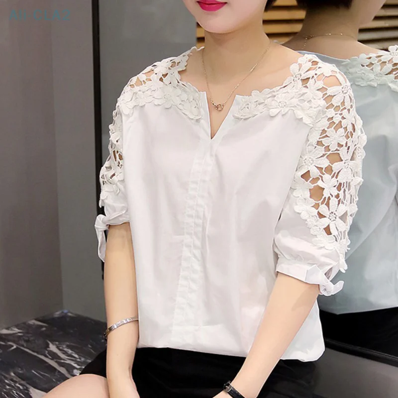 Lace Off-the-shoulder Shirt Large Over Size Women's Loose Korean Version Shirt Hook Flower Hollow Blouse Plus Size