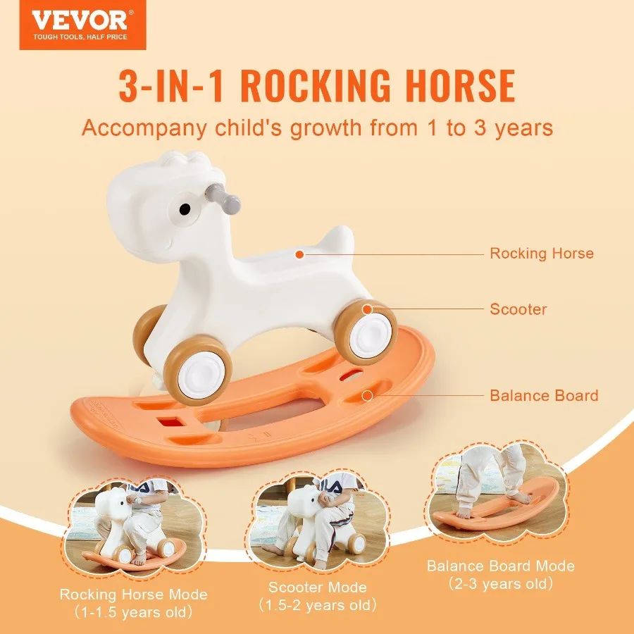 Cavalo de balanço 3 em 1 para crianças de 13 anos Cavalo de balanço para bebês com placa de equilíbrio removível e 4 rodas lisas com suporte para até