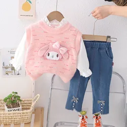 Kids Clothing 2024 Spring Baby Gilr Clothes 1 To 5 Years Korean Style Rabbit Knitted Vest + Shirts + Pants Girls Boutique Outfit