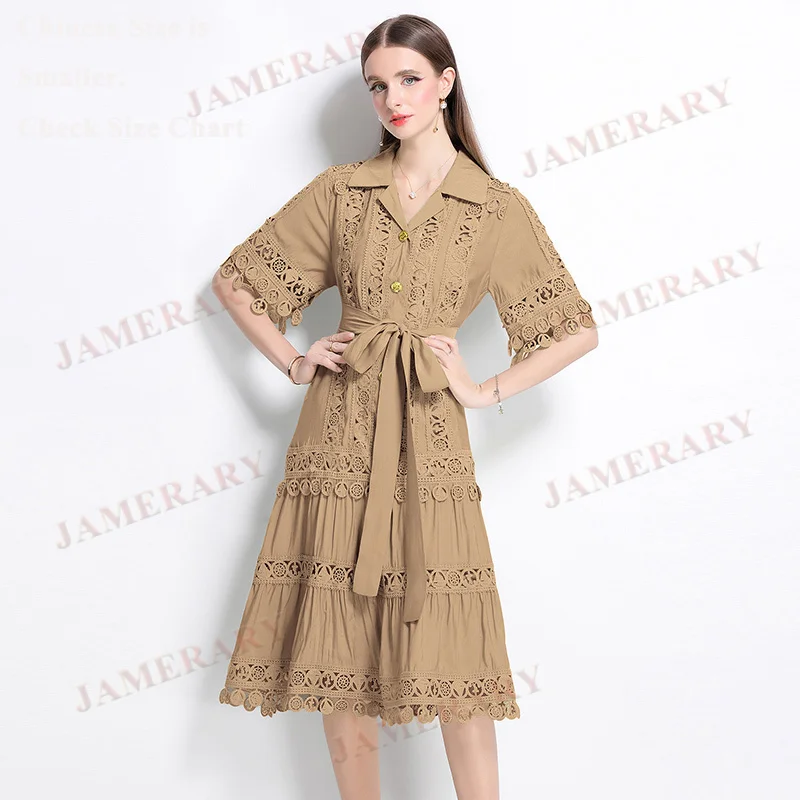 Elegant Summer Embroidery Long Dress Shirt Women Hollow Out Short Sleeve Loose Size A Line Midi Dresses Party Evening Vestidos