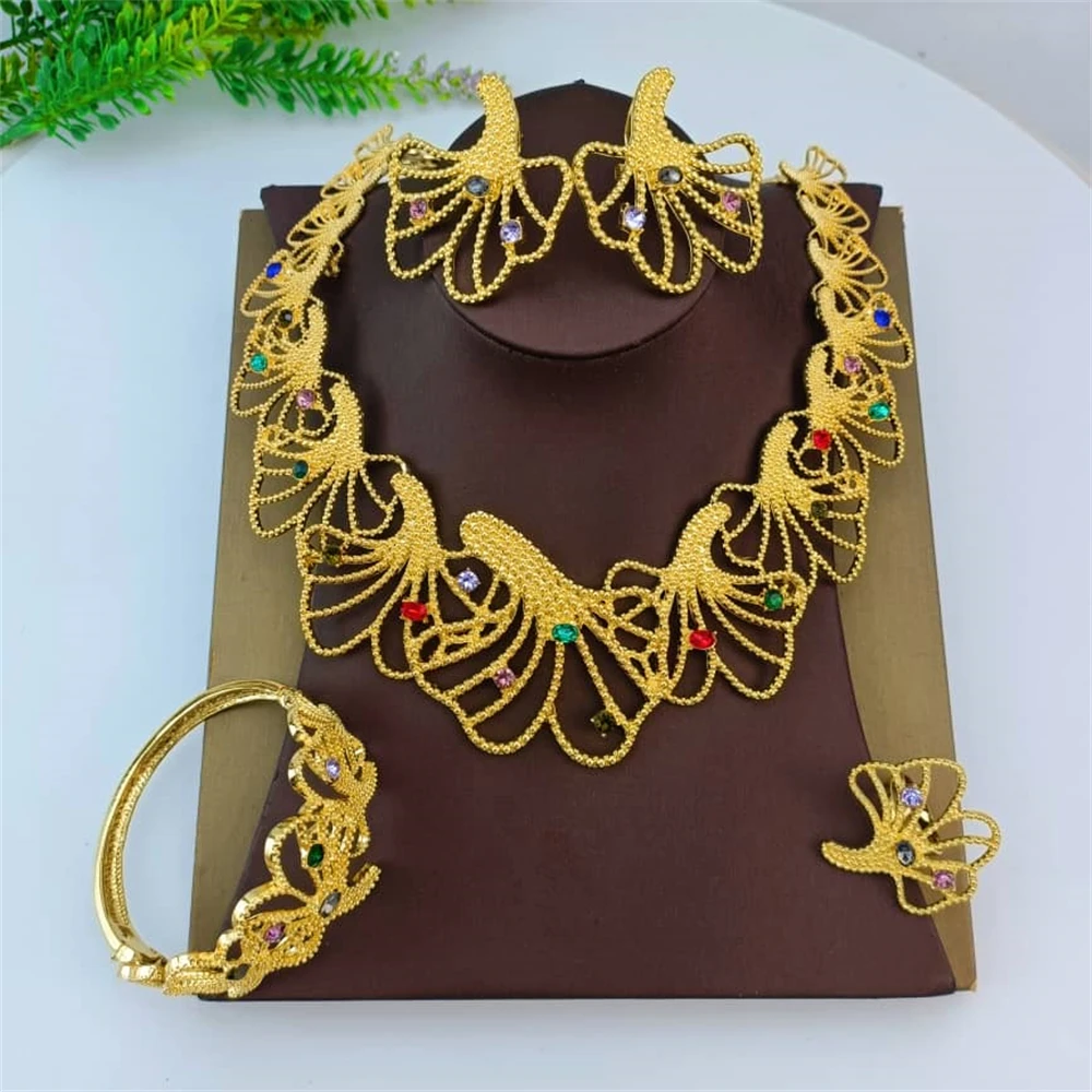 مجموعة مجوهرات نسائية مطلية بالذهب من إيما-دبي ، قلادة حجرية ملونة فاخرة ، سوار وأقراط أنيقة ، هدية زفاف #2