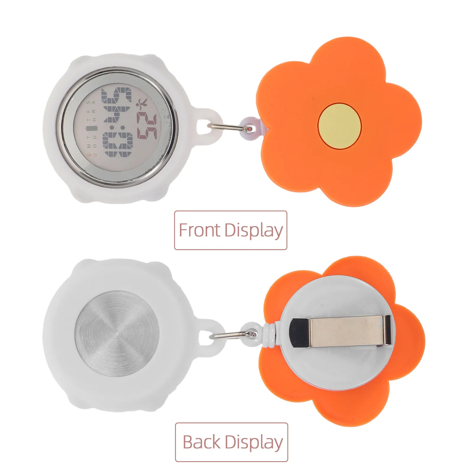 Luminous Digital Nurse Fob Watch Orange Flower Clip Retractable Lightweight Waterproof Clip-on Pocket Watch Brooch