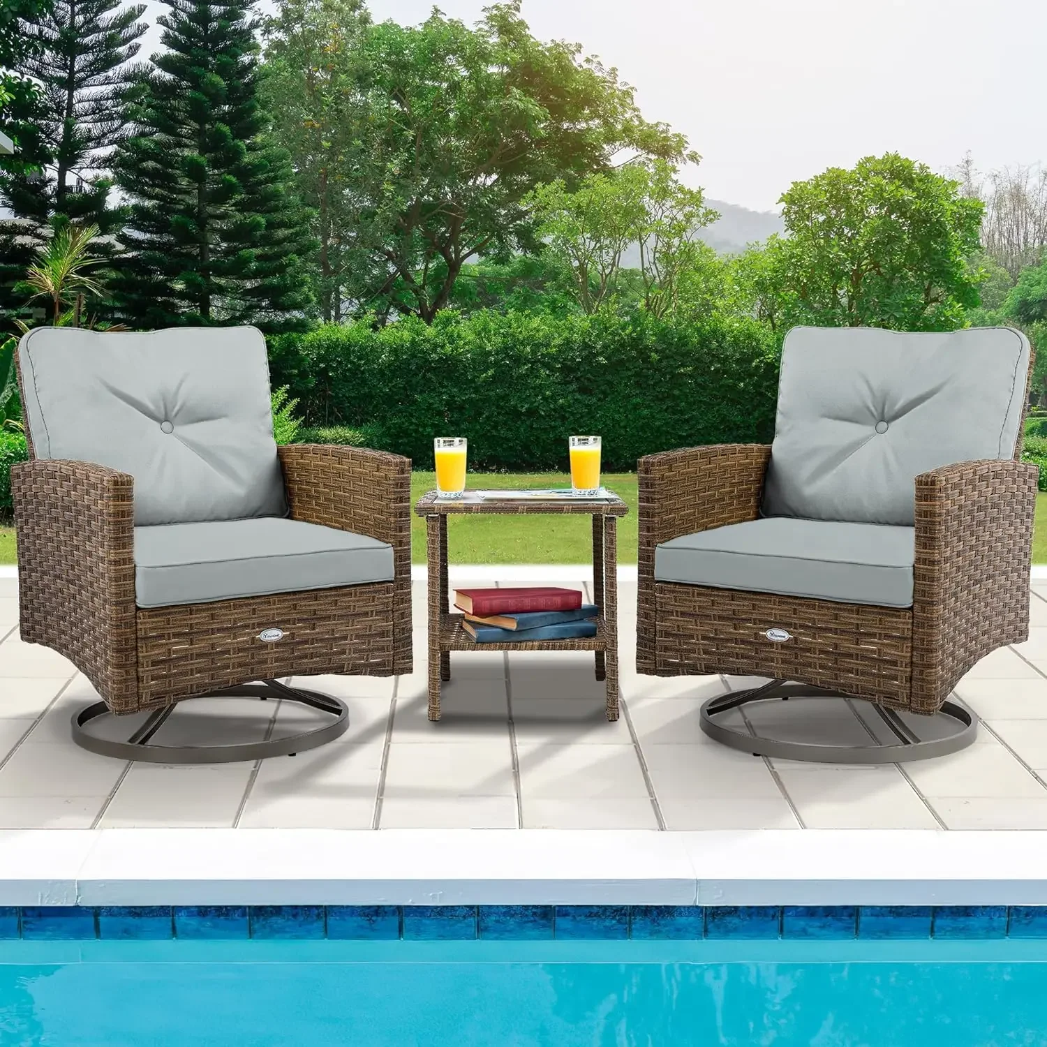 

3-Piece Patio Outdoor Wicker Bistro Rocking Furniture Conversation Chairs w/Thick Cushions &Table for Garden, Backyard & Balcony