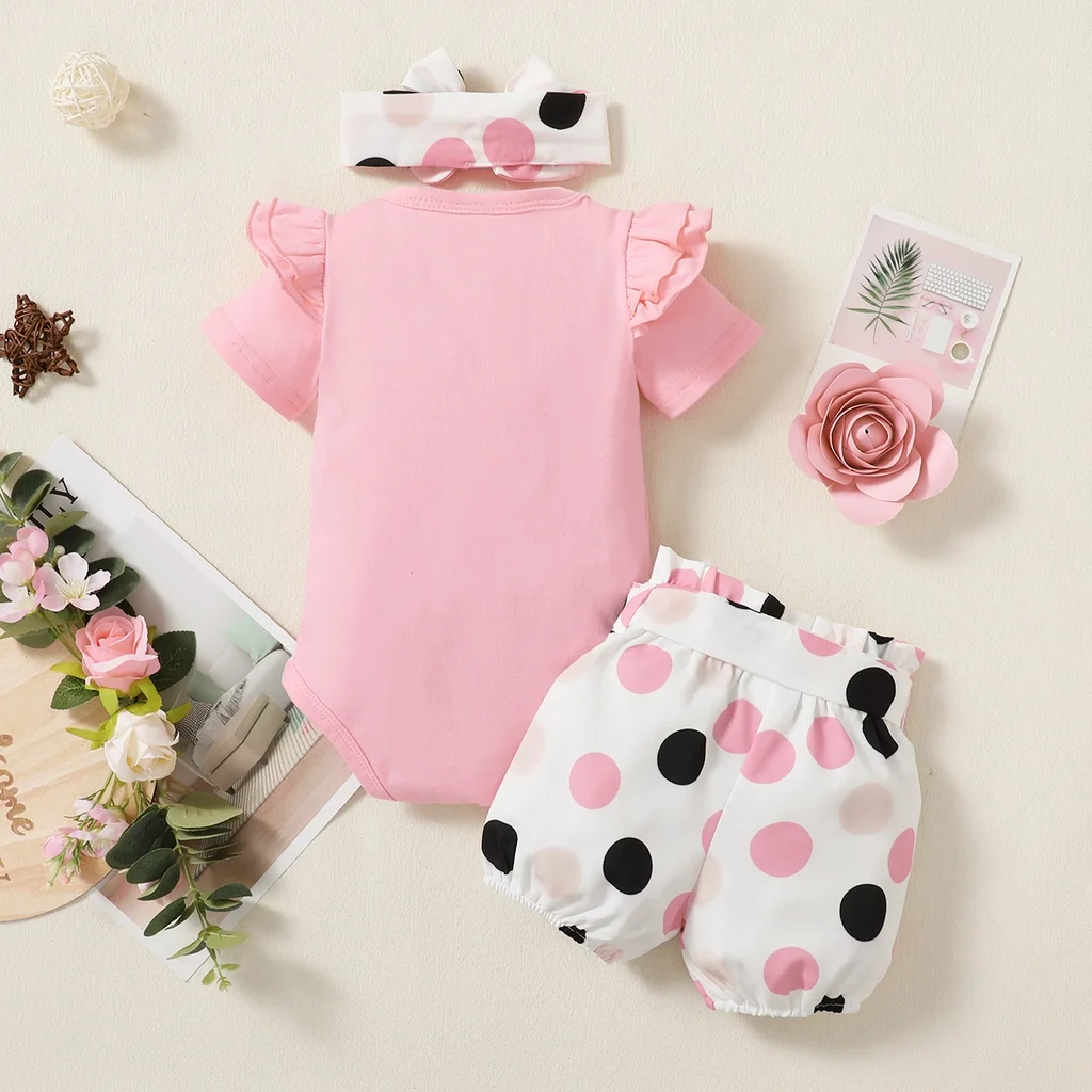 0-18 Months Newborn Baby Girl Clothing Ruffle Short Sleeves Bodysuit+Wave Point Shorts +Headband 3PCS Summer Clothes Outfit Set