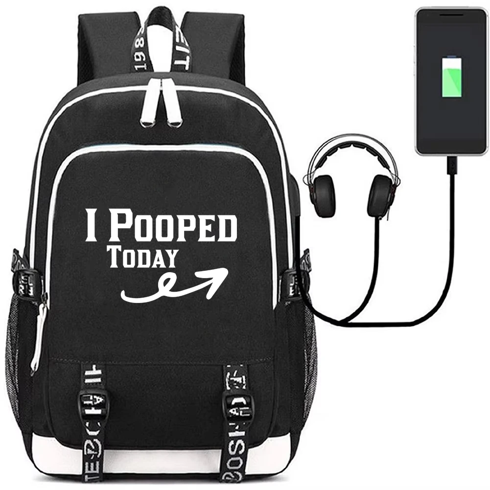 I Pooped Today Backpack with USB Charging Port Bookbag Funny Meme Laptop Bag School for Students Mochila