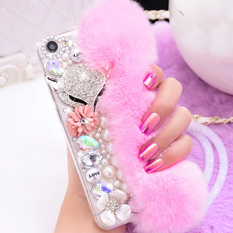 

Cartoon Cute Fox Cover For iPhone 13 14 15 16 12 11 Pro Max 8 Plus Rabbit fur Protection Phone Case Bling Glitter Funda