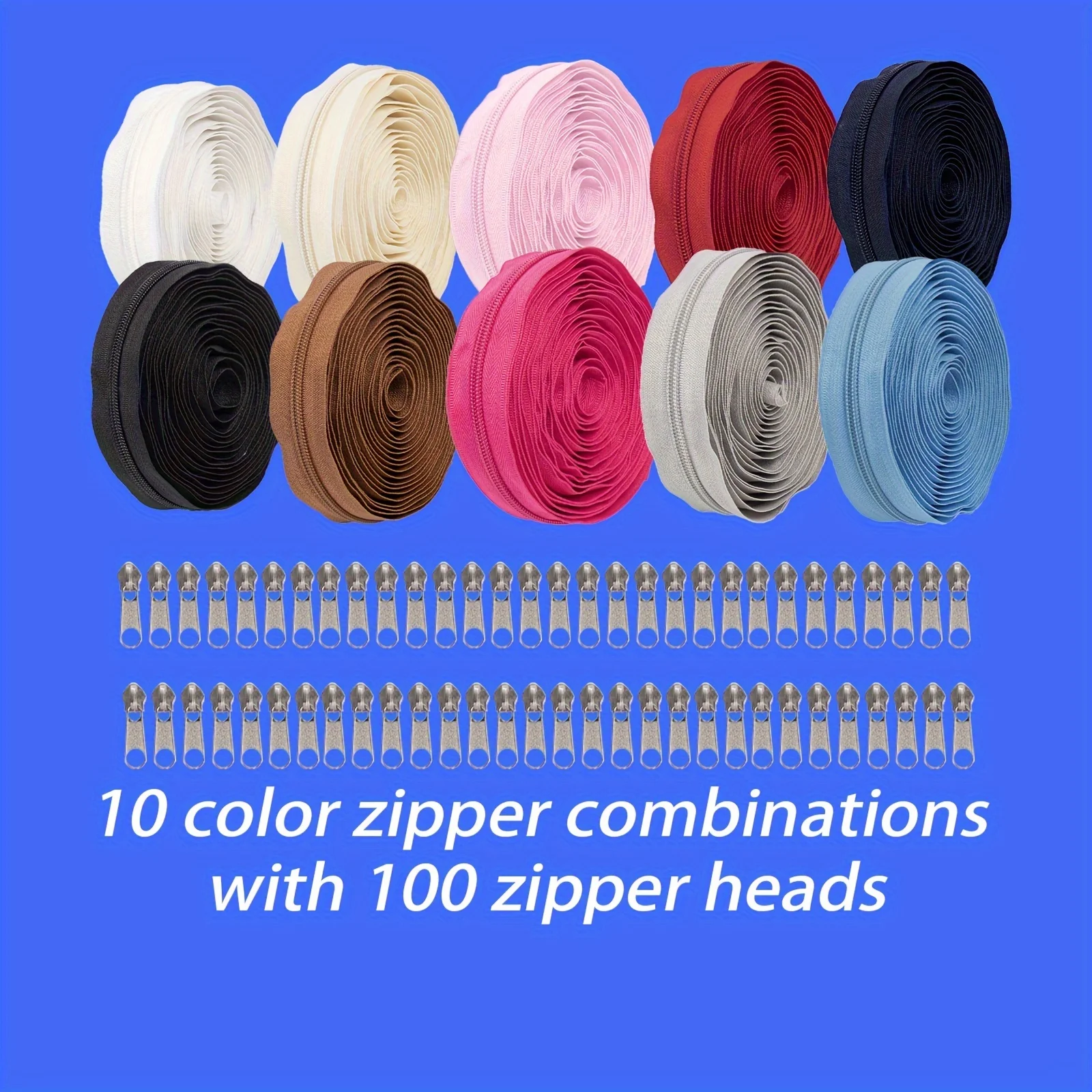 

1SET,10 colors of zippers with 100 silver zipper heads. The zipper of each color is 450cm long. A total of 10 rolls of zippers