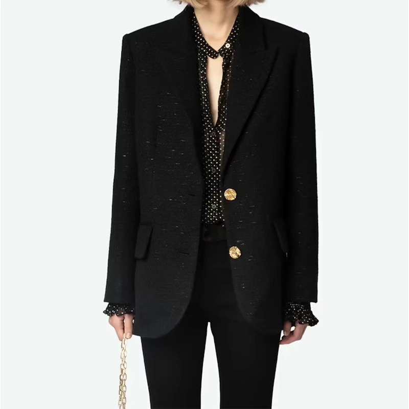 Wool Blazer Women Casual Black Blazers Female Formal Occasion Coats Ladies Fashion Lapel Suits Jackets Gold Button Suit