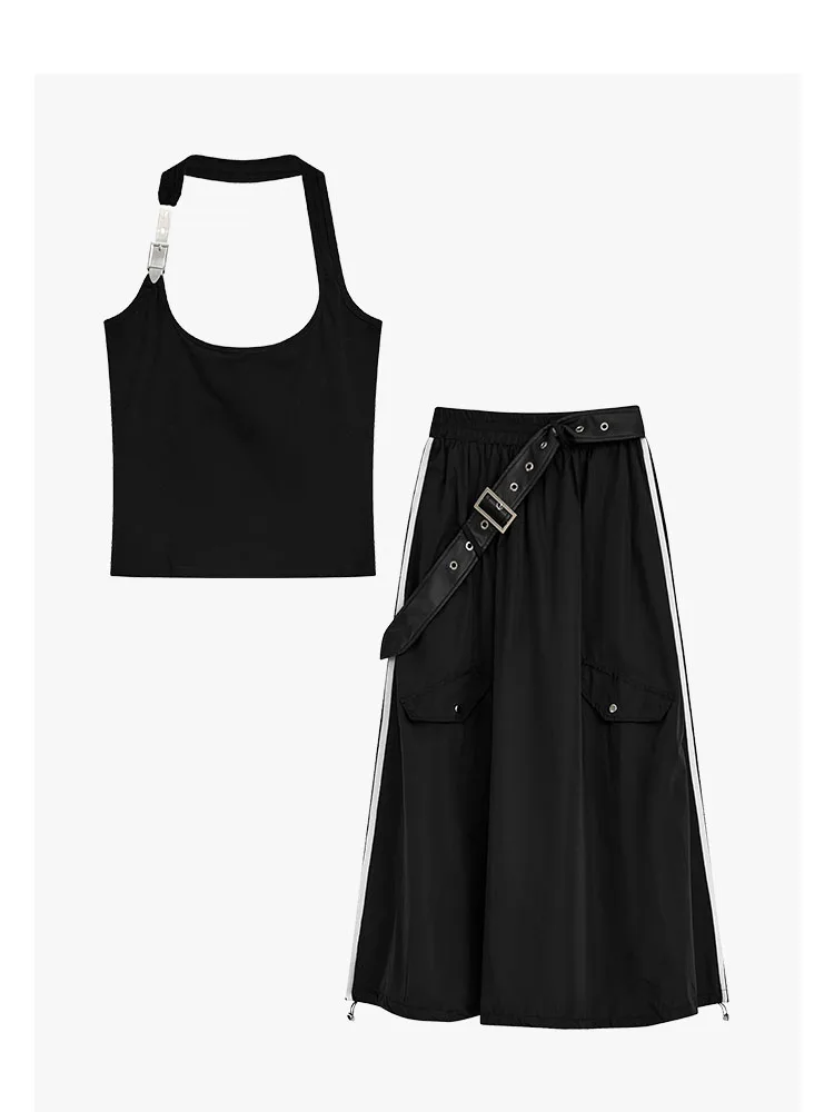 

2000s Aesthetics Outfits 2 Piece Skirt Set Black Halter Top Hiphop + Fashion A-Line Skirts With Belt Clubwear Gyaru Punk Gothic