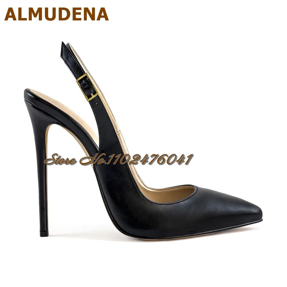 Almudena schwarz matt Leder Sling back flache Pumps 12cm Himmel High Heel spitzen Zehen Banketts chuhe Frauen Schnalle Schuhe Größe 46