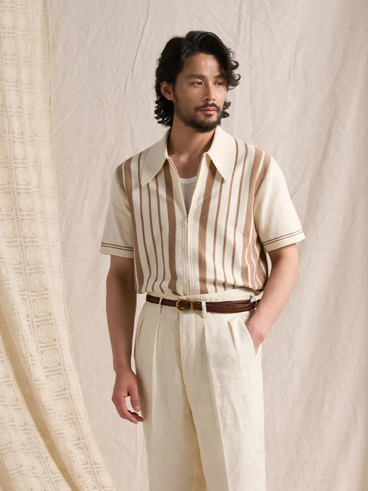 

CULTUM Men's Casual Lightweight Knitted ort Sve Zipper irt Vintage Stripes Pure Cotton f Sve Open Cardigan