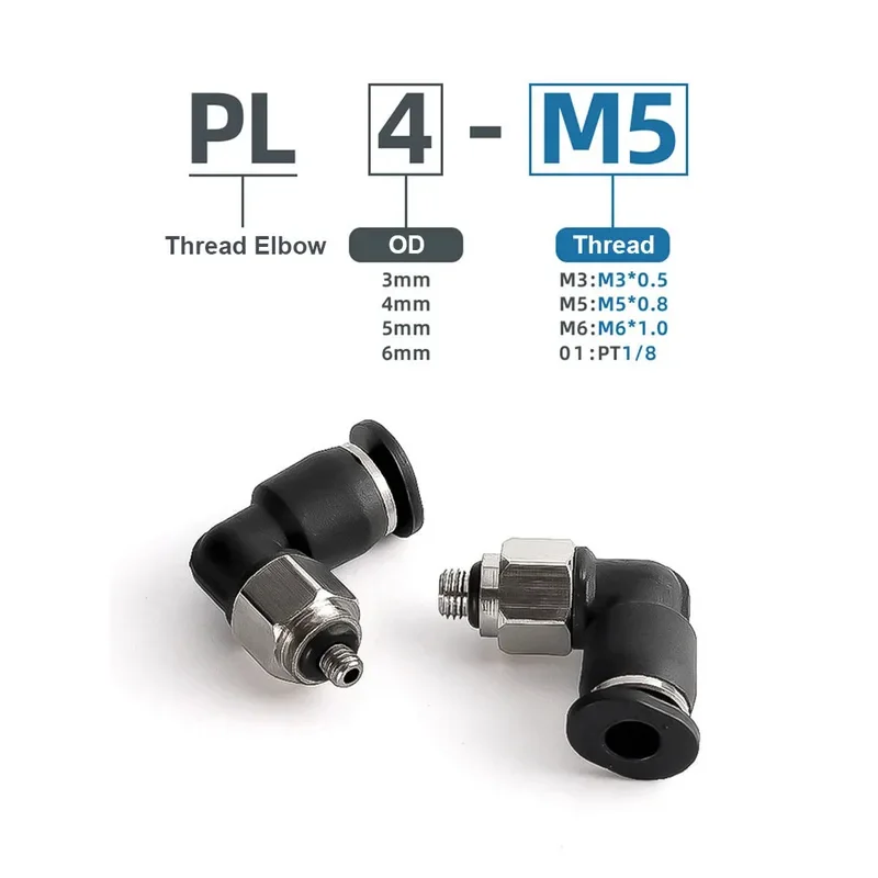 Mini Pneumatic Air Connector Elbow Fittings PL 3 4 5 6mm Male Thread M3 M4 M5 M6 1/8