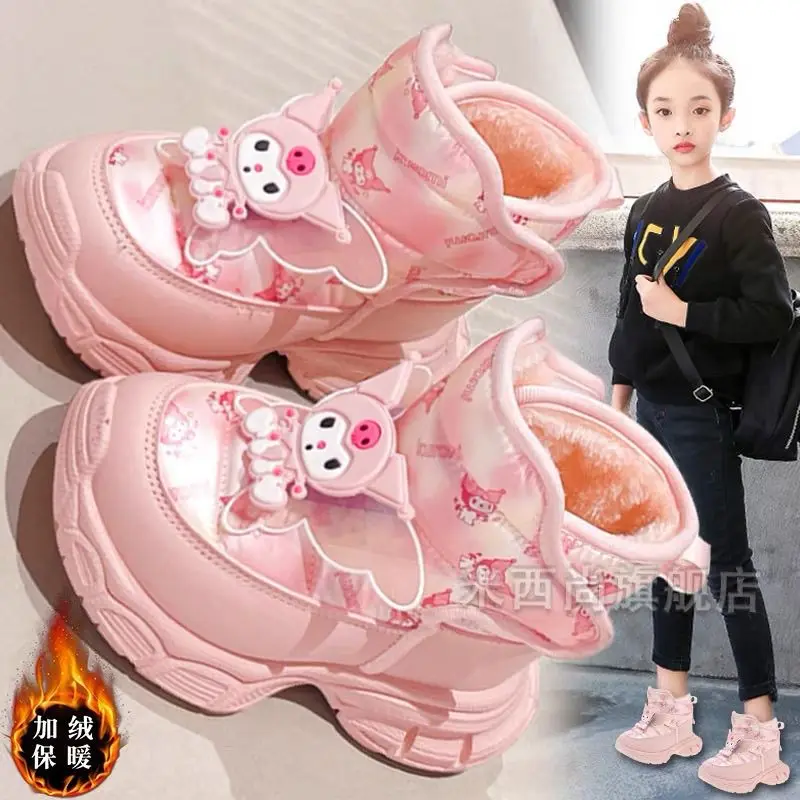 Kawaii Winter Kuromi Snow Boots Girl Thick Sole Big Cotton Boots Anime Sanrio Anti-Slip Rubber Sole New Cute Fashion Warm Shoes