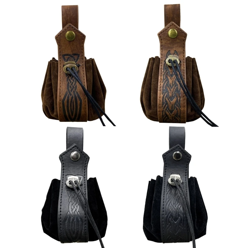 Medieval Belt Leathers Drawstring Bag Portable Purse Vintage Costume Waist Bag for Fantasy Event, Cosplay Party