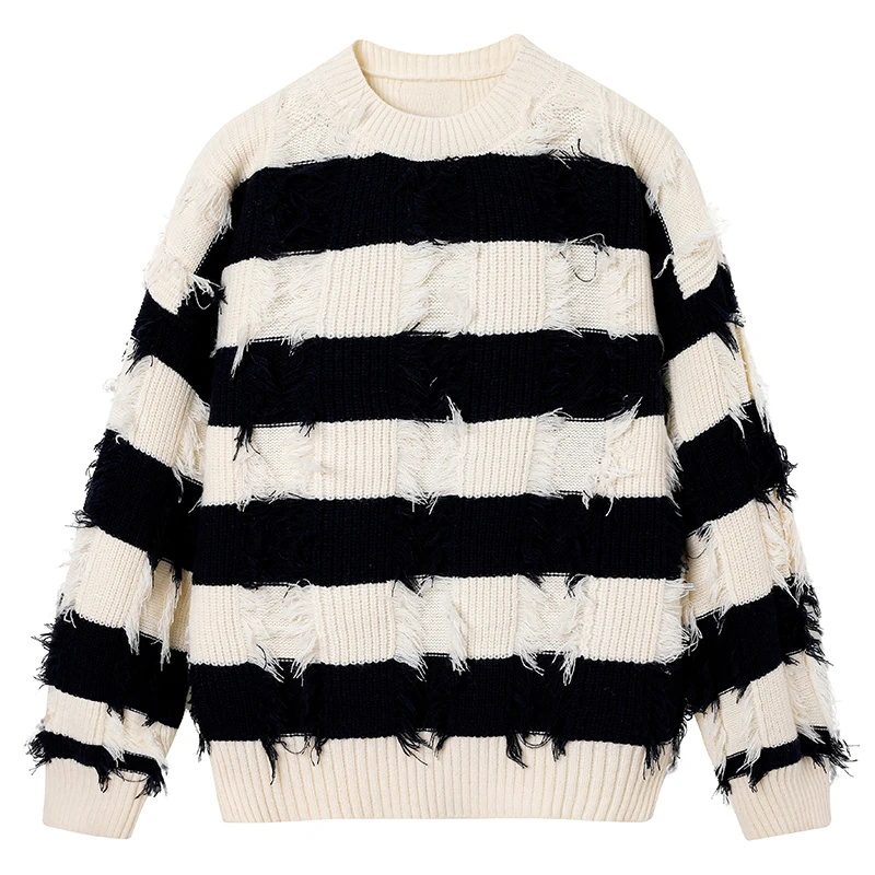 

New Autumn Winter Men's Inner and Outer Wear Comfortable Breathable At Home Pullover Top High-quality Striped Warm Knit Sweater