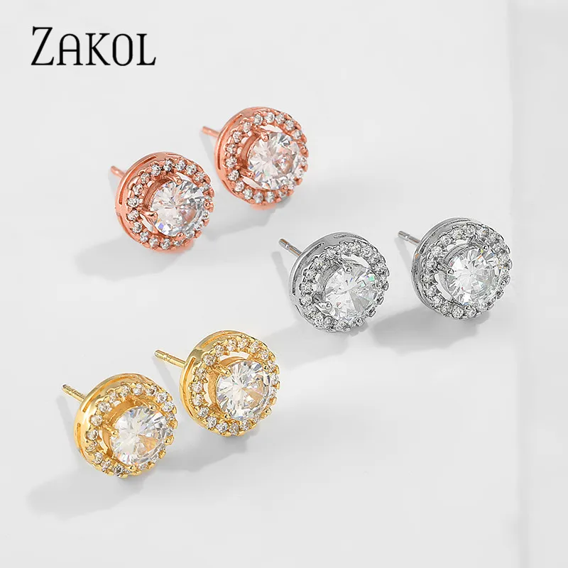 ZAKOL Fashion White Color Hearts & Arrows Stud Earrings For Women Wedding Elegant AAA Zircon Crystal Round Jewelry FSEP038