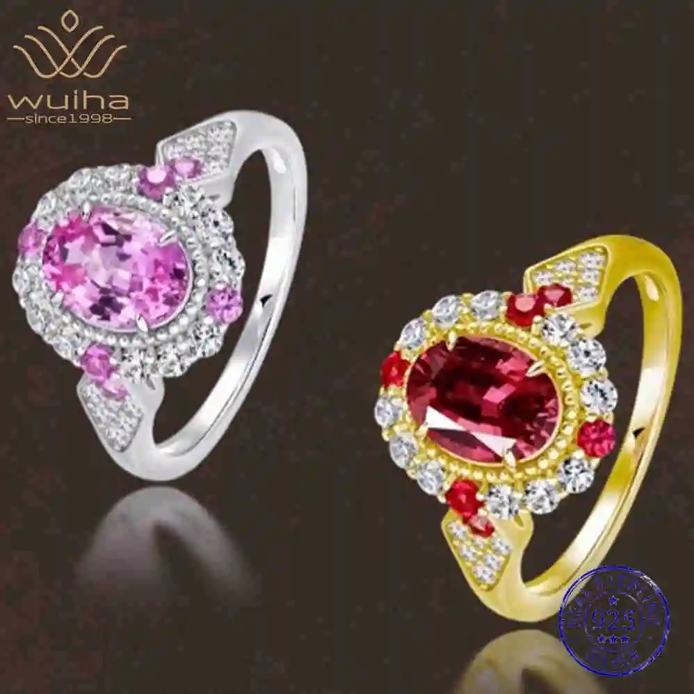 

WUIHA Vintage 925 Sterling Silver 6 * 8 MM Lab Sapphire Ruby High Carbon Diamonds Gemstone Wedding Engagement Ring Fine Jewelry