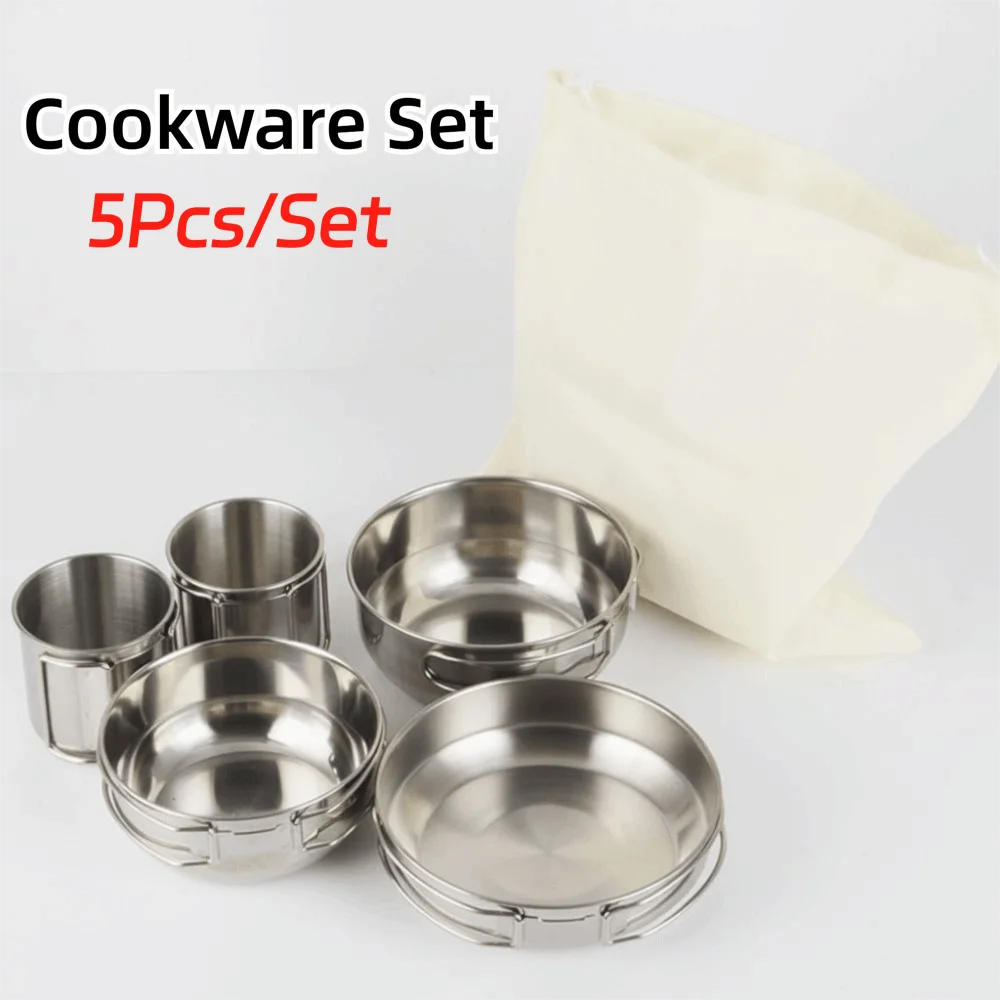 5Pcs 304 Stainless Steel Camping Cookware Set Foldable Handle Stackable Portable Cooking Pot Space Saving with Storage Bag