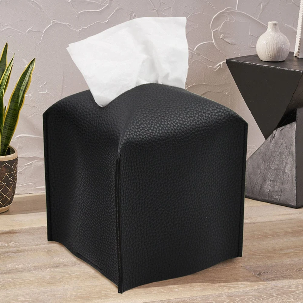 Square Decorative PU Leather Tissue Box Holder Modern Tissue Case Facial Paper Organizer Dispenser for Bathroom 5X5X5\'\'