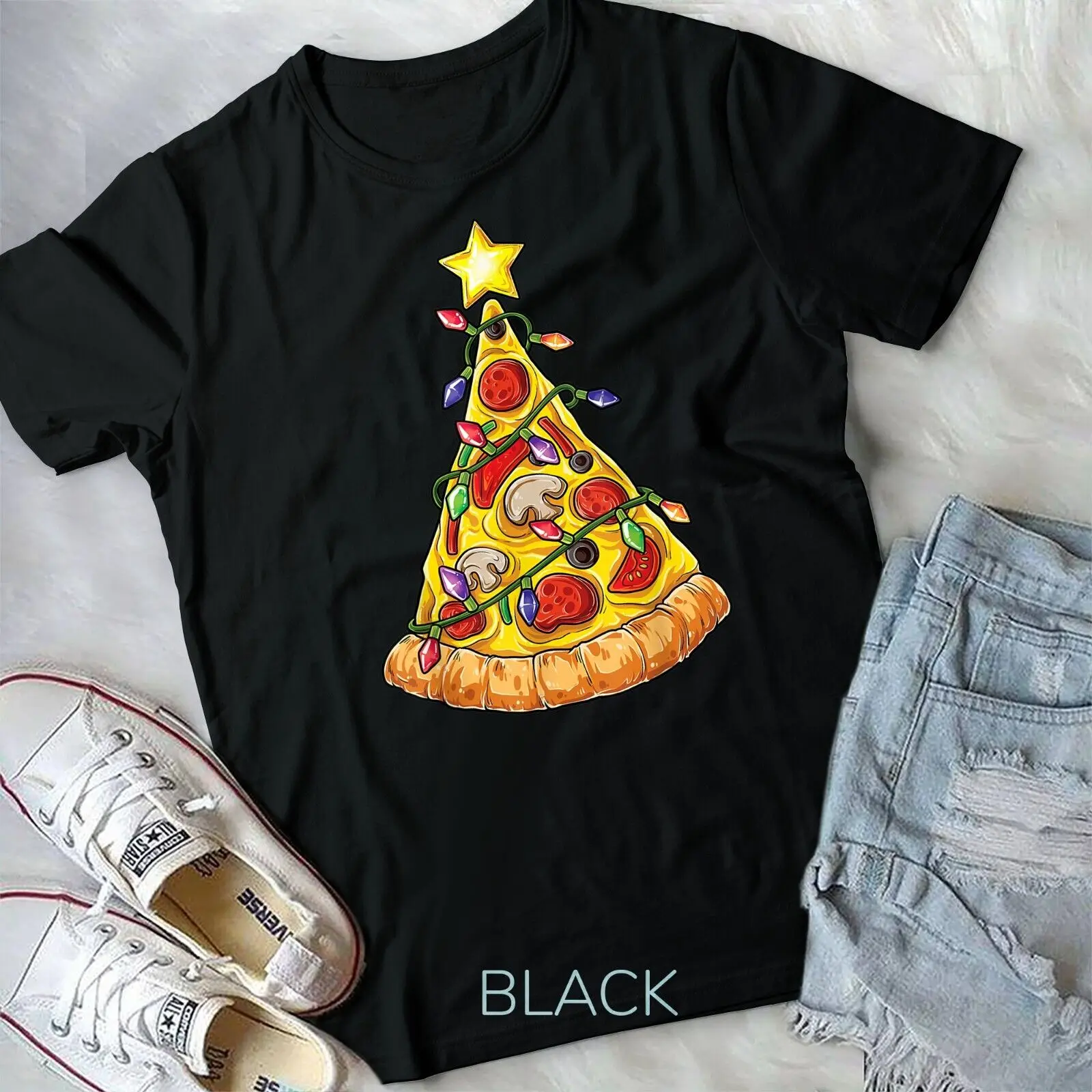 

Pizza Christmas Tree Lights Xmas Men Boys Crustmas Gifts Unisex T-shirt