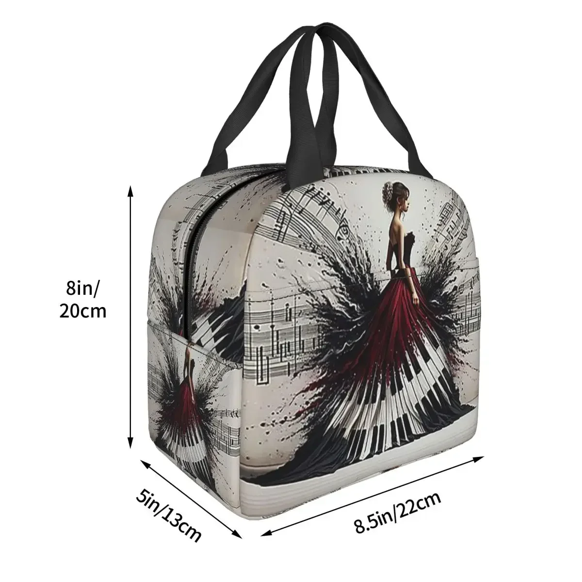 Beautiful Lady Piano Musical Notes, Wavy Dress Insulated Lunch Bag for Women Children Portable Food Boxes Thermal Lunch Box Tote