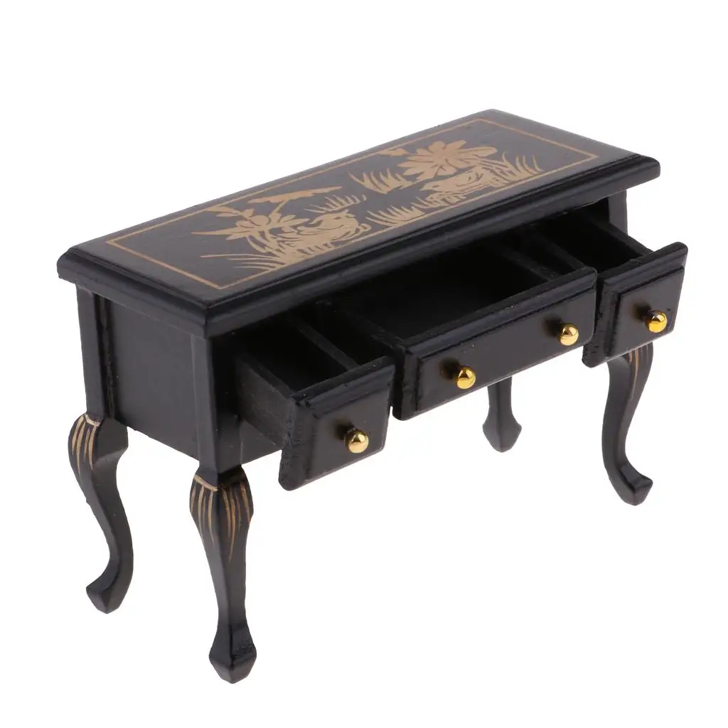 ドールハウス、デスク家具、ミニチュアアクセサリー、1:12用のヴィンテージブラックウッドテーブル