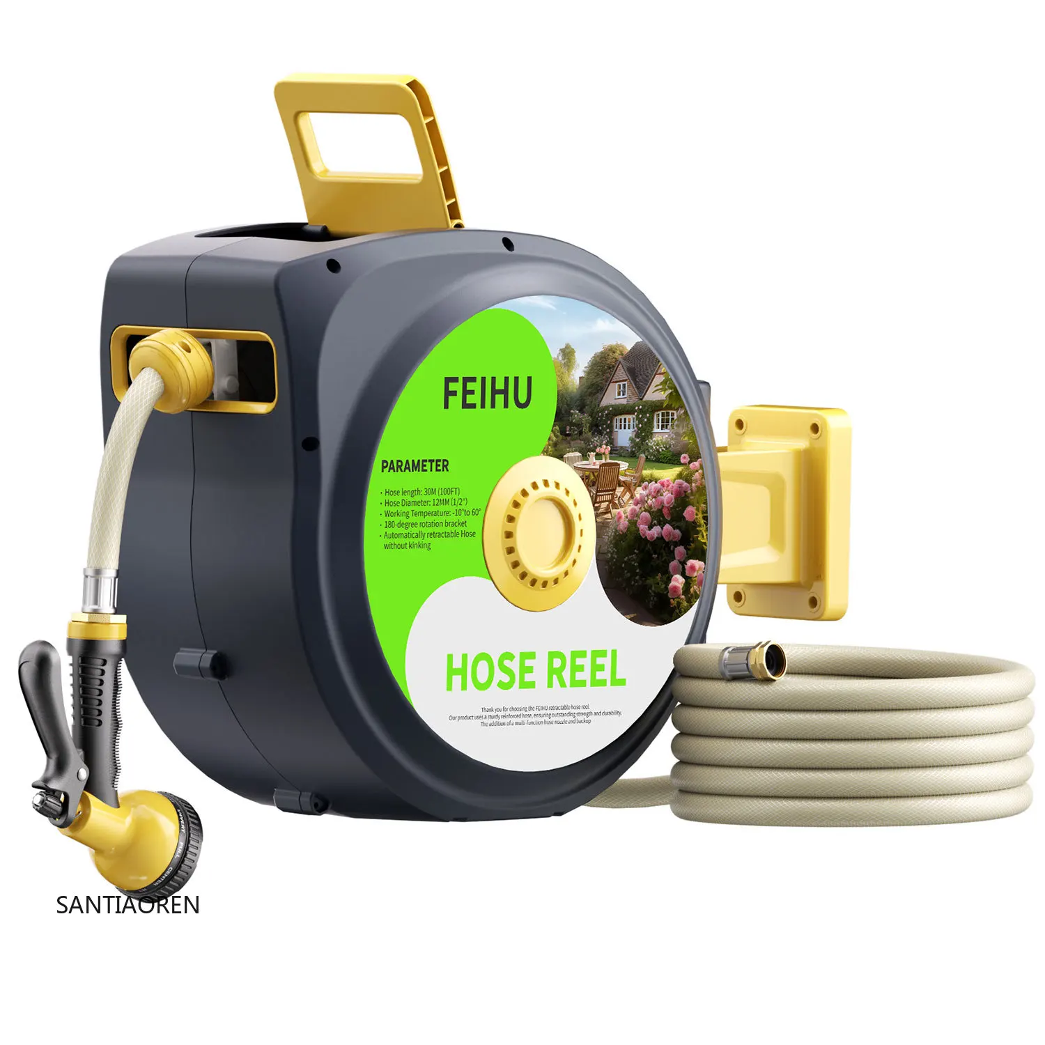 

2025Retractable Hose Reel, 100 ft With 2m Rubber Hose Wall Mounted Garden Hose Reel With Brass Fittings