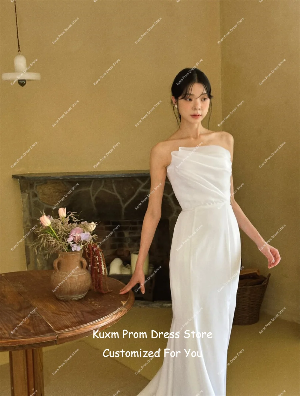 Kuxm Fashion Vestidos de Novia Corte A, Sin Tirantes, Elegantes, Modernos, Sin Mangas, Vintage, con Muchas Reseñas de Clientes Coreanos, Personalizables