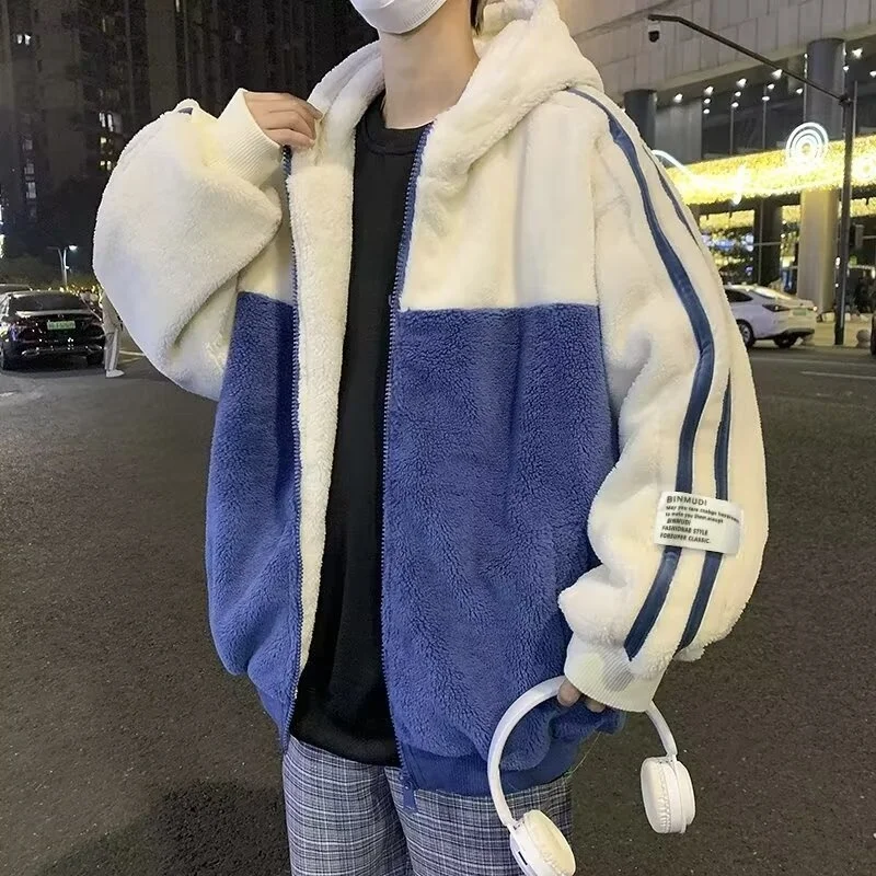 

Новинка 2025, мужское хлопковое пальто Thiened Fce на подкладке большого размера с мехом ягненка, зимнее теплое повседневное пальто с капюшоном, молодежное модное трендовое пальто