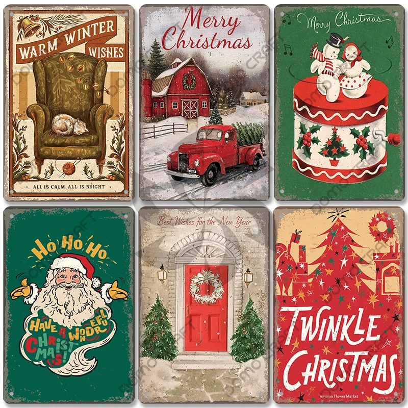 Merry Christmas Poster Vintage Metal Tin Signs Cakes Music Box Christmas Tree Metal Plaque Bakery Candy Shop Home Wall Decor