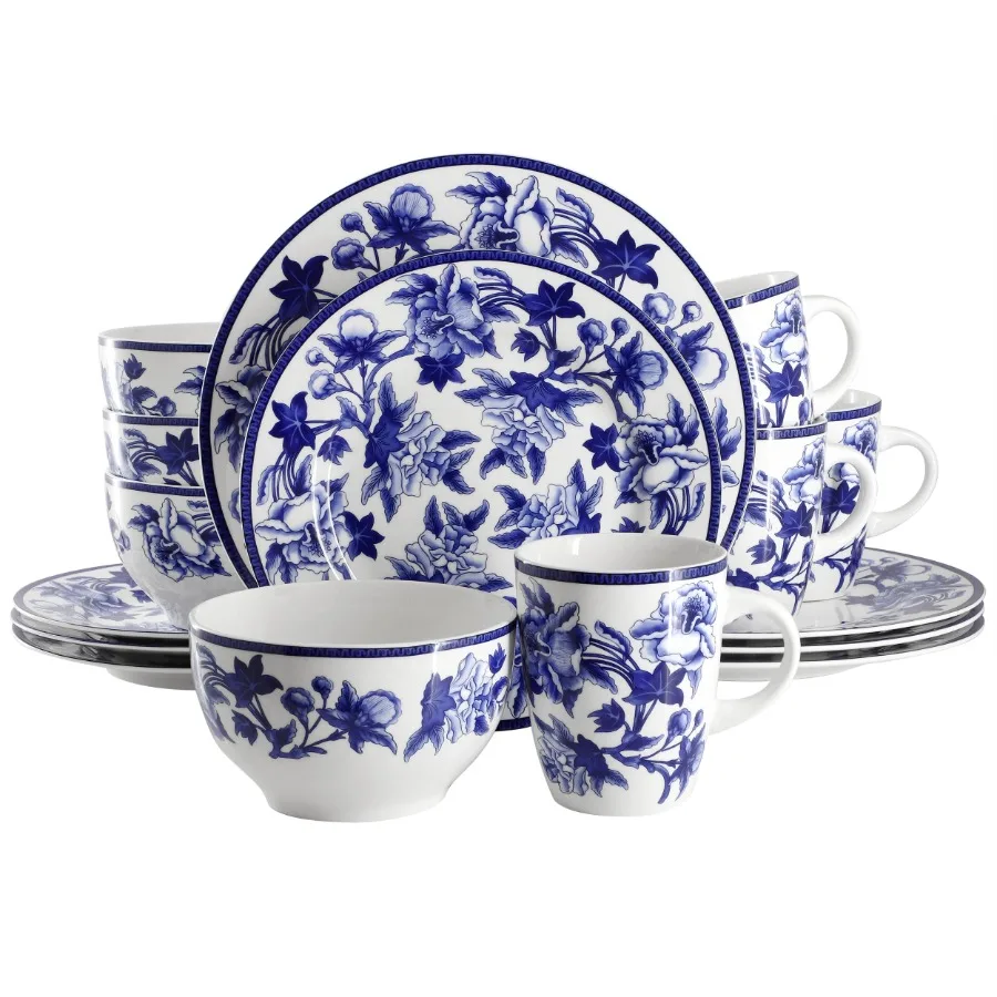 

Cattleya Orchid 16 Piece Round Porcelain Dinnerware Set in Blue and White