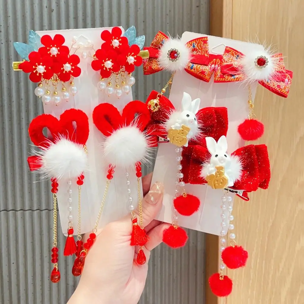 1Pair New Year Children Bow Rabbit Hair Accessories Girl Fake Braid Tassel Hair Clip Red Color Costume Accessories Sweet Hairpin