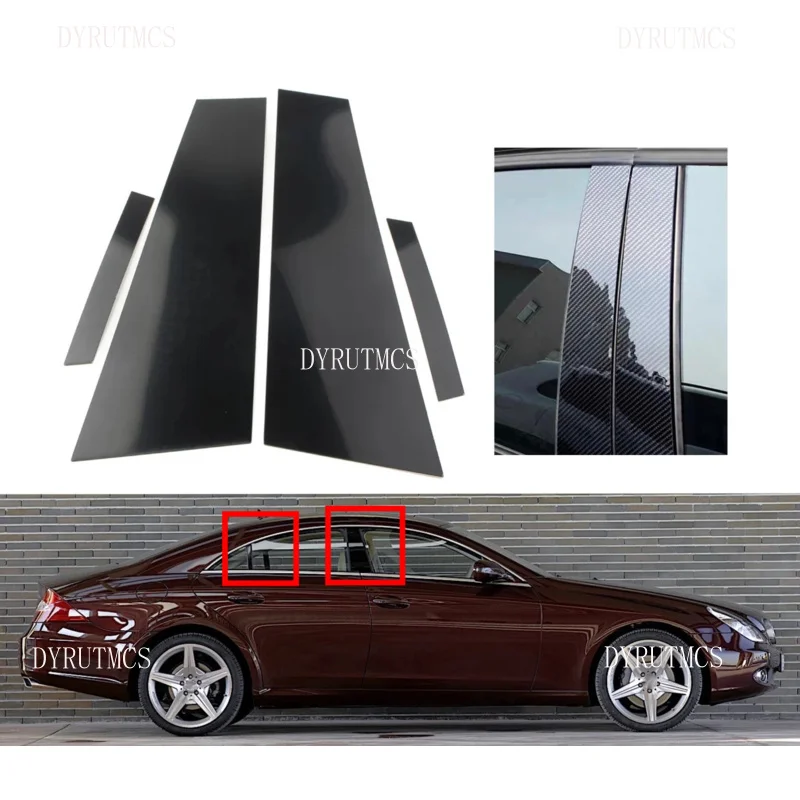 

4Pcs Gloss Black Pillar Post Silver Carbon Fit For MERCEDES CLS C219 2006 2007-2011 Door Side Window Decor Cover Accessories