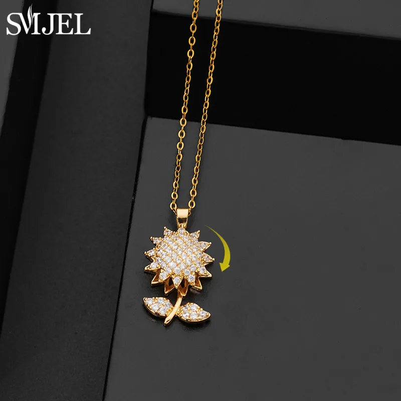 360° Rotatable Zircon Sunflower Pendants Necklaces for Ladies Sparkling Plant Charms Anxiety Relief Necklace Xmas Accessories