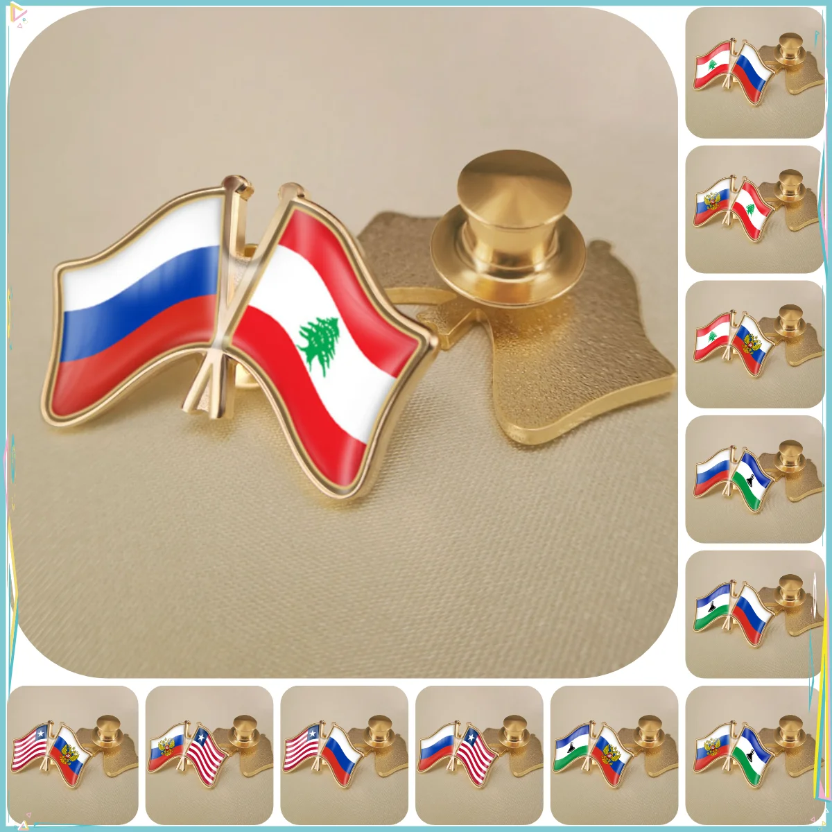 Russian Federation and Lebanon Lesotho Liberia Double Crossed Friendship Flags Brooches Lapel Pins Badges